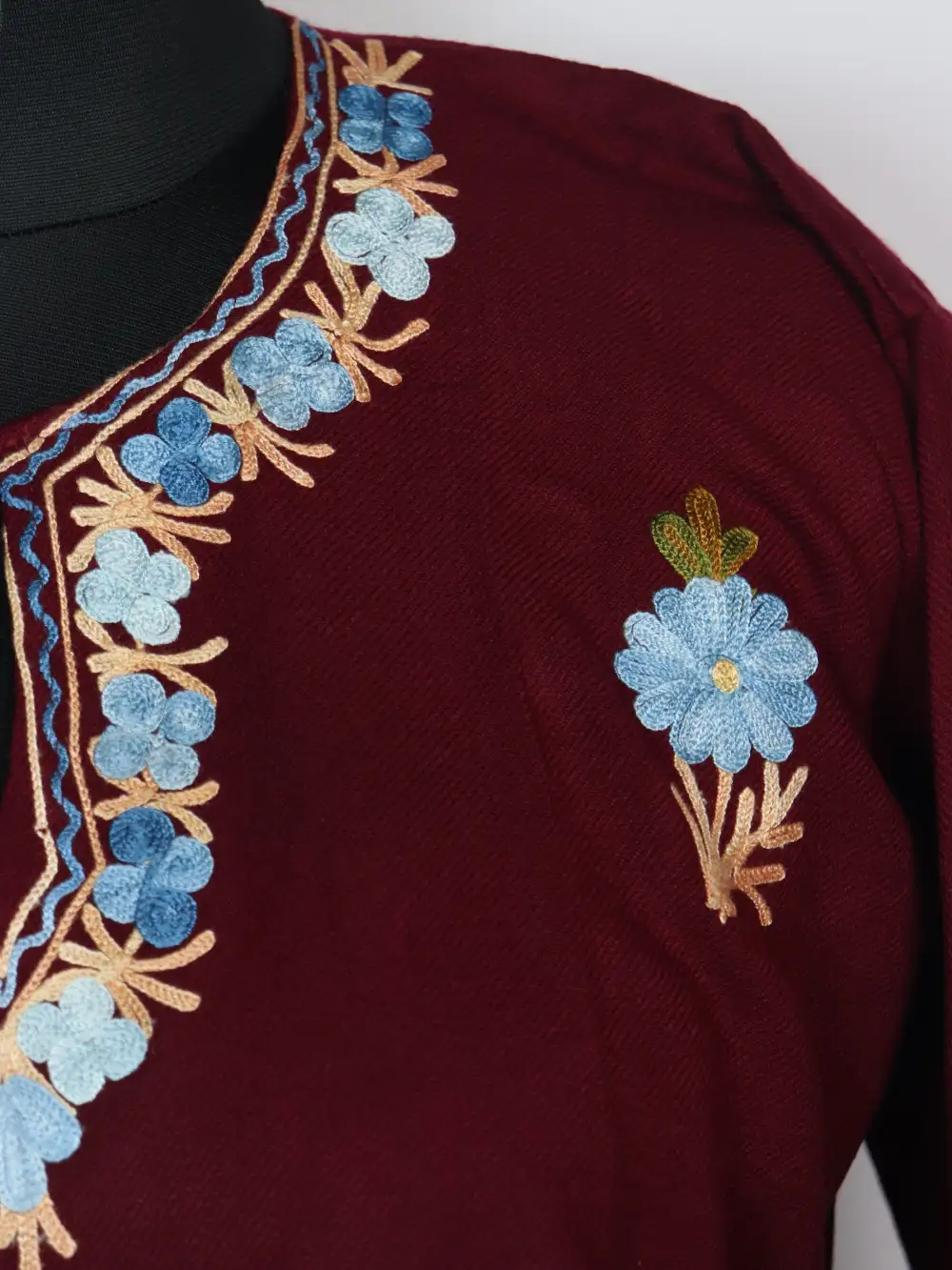 Embroidered Maroon Long Kurti Set Naima with Booti Aari in Cashmilon Wool - Image 3