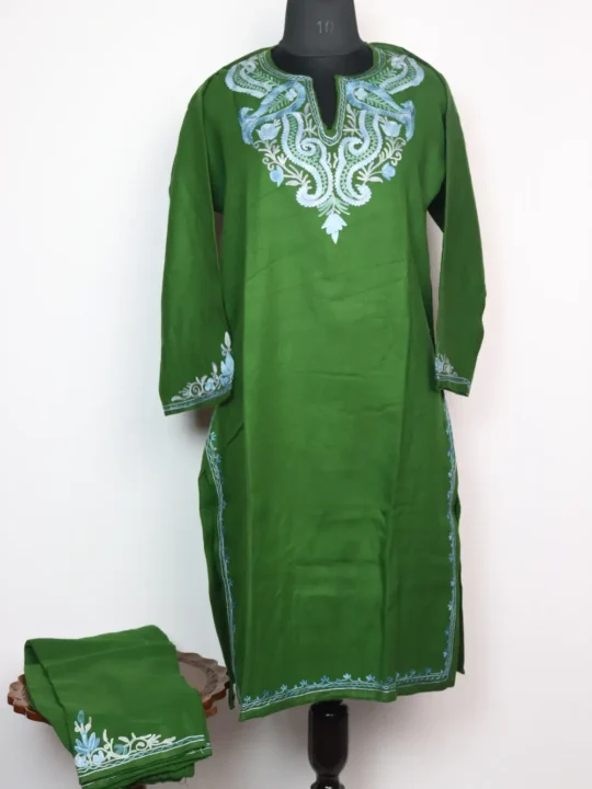 Forest Green Long Kurti Set in Cashmilon Wool with Aari Embroidery