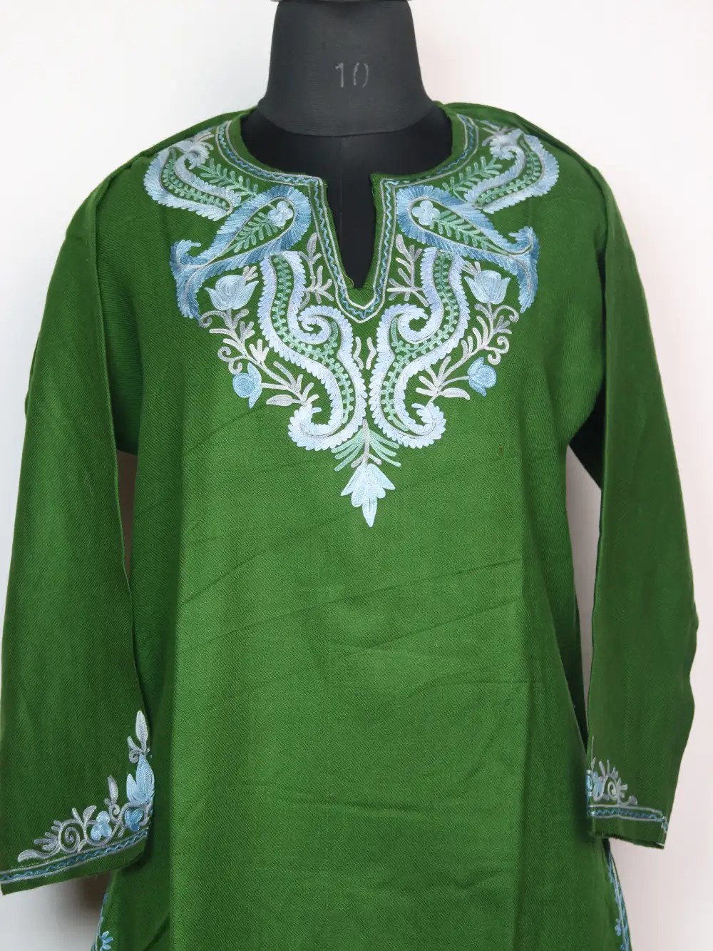 Forest Green Long Kurti Set in Cashmilon Wool with Aari Embroidery - Image 2