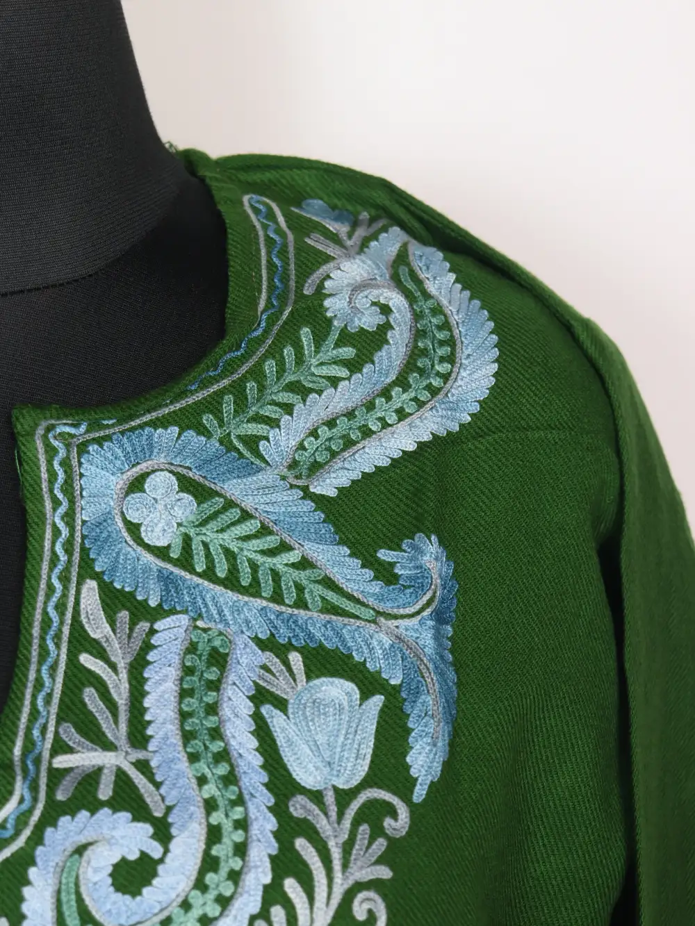 Forest Green Long Kurti Set in Cashmilon Wool with Aari Embroidery - Image 3