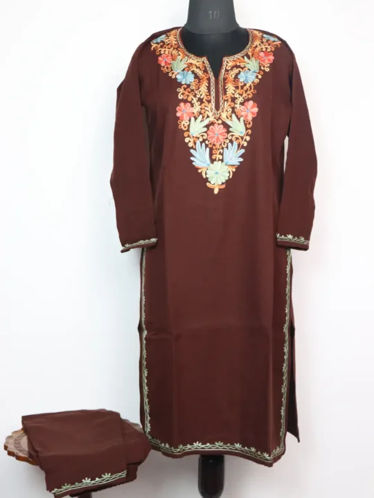 Haya Coffee Brown Long Kurti Set in Cashmilon Wool with Aari Work