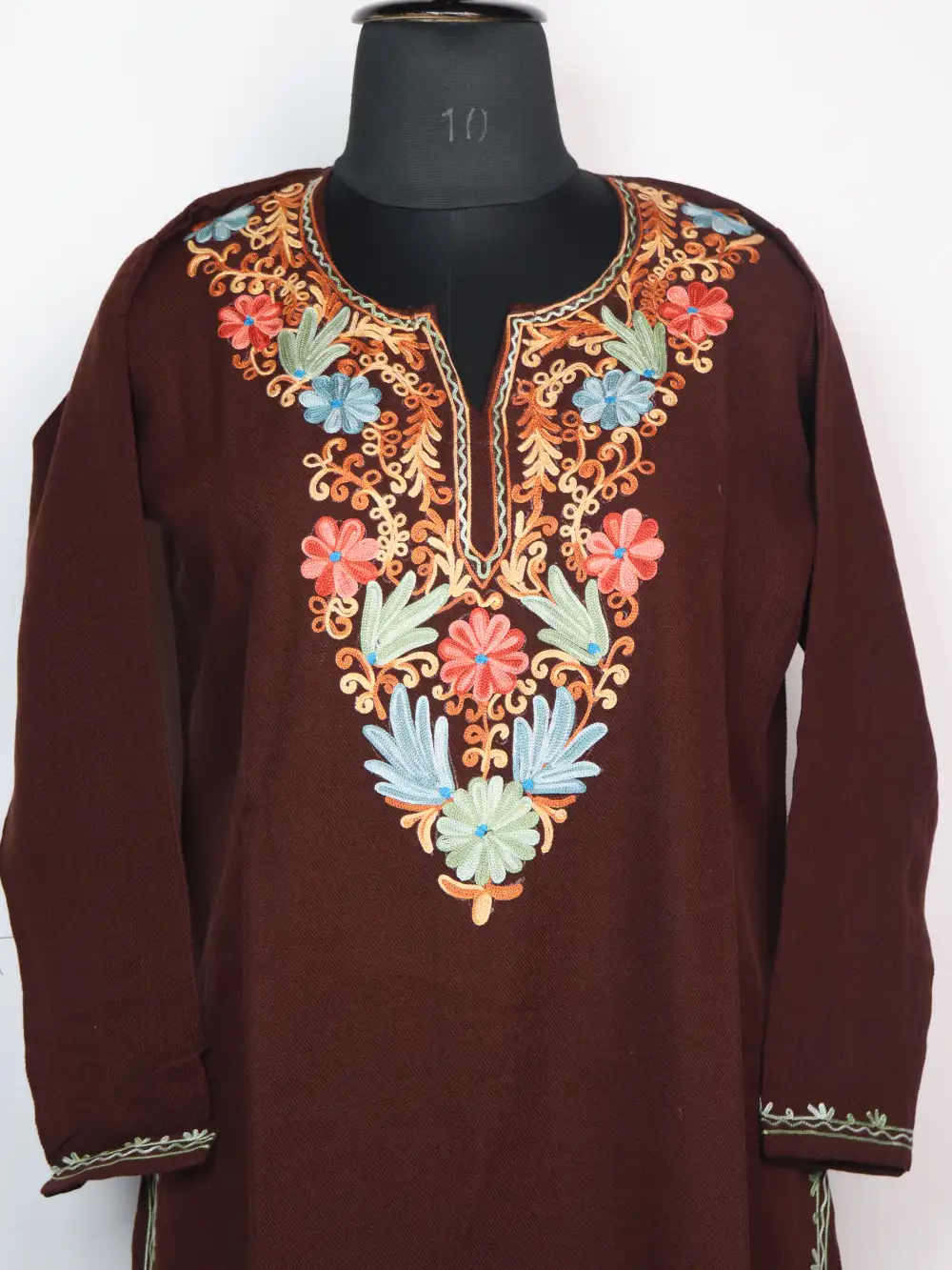 Haya Coffee Brown Long Kurti Set in Cashmilon Wool with Aari Work - Image 2