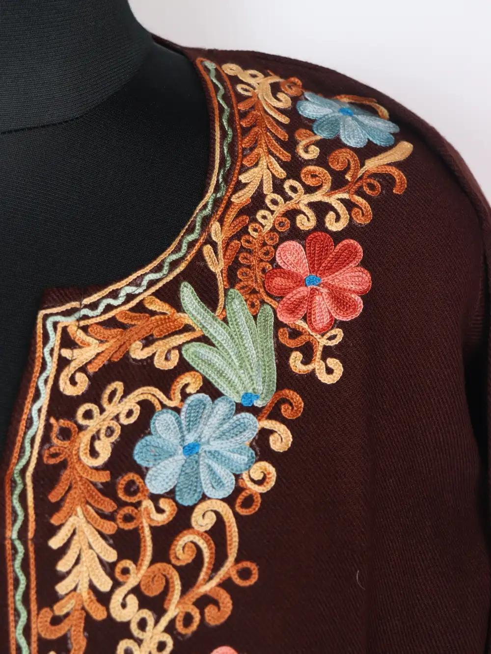 Haya Coffee Brown Long Kurti Set in Cashmilon Wool with Aari Work - Image 3