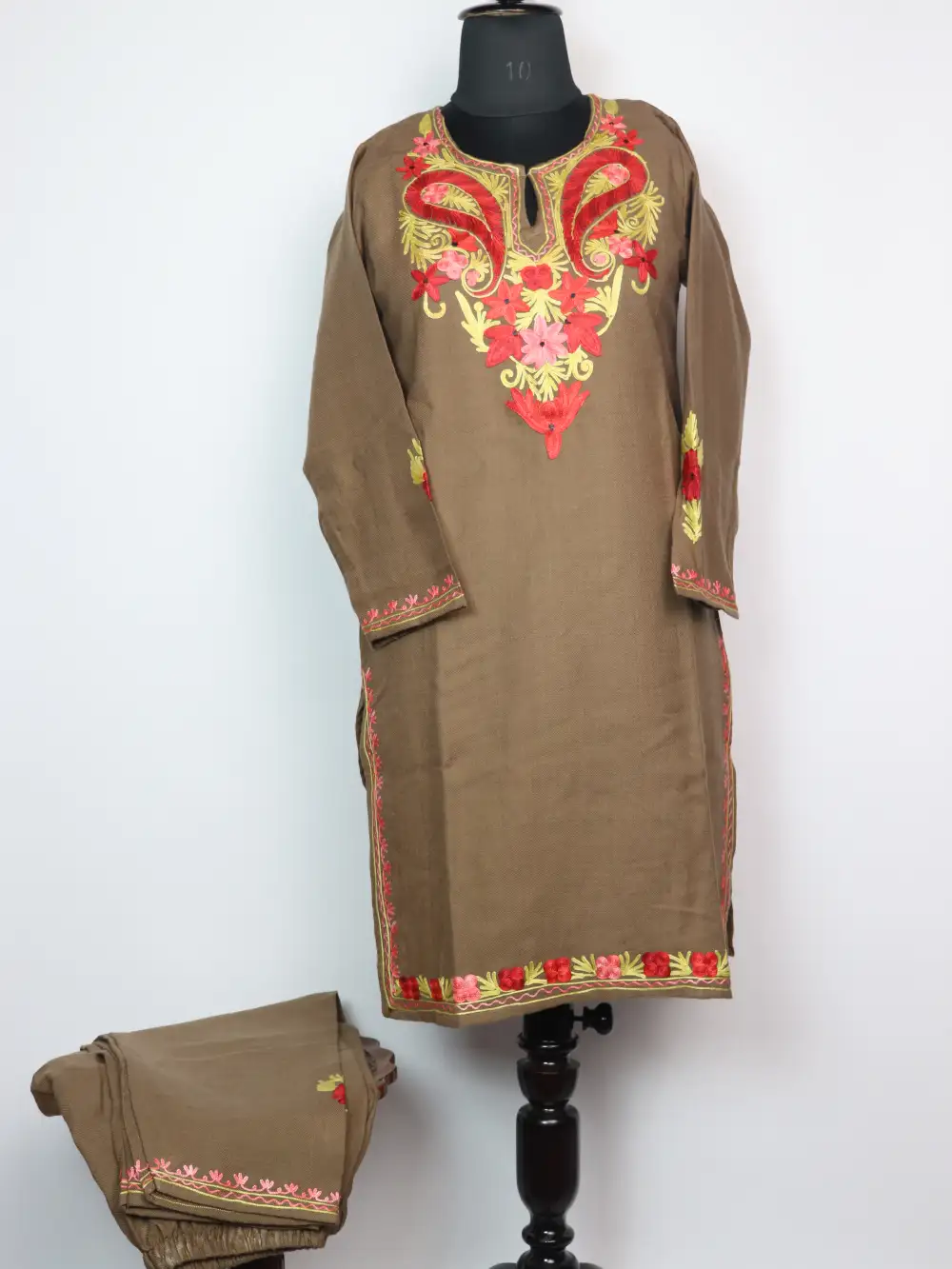 Brown Long Kurti Set in Cashmilon Wool with Aari Work Minha