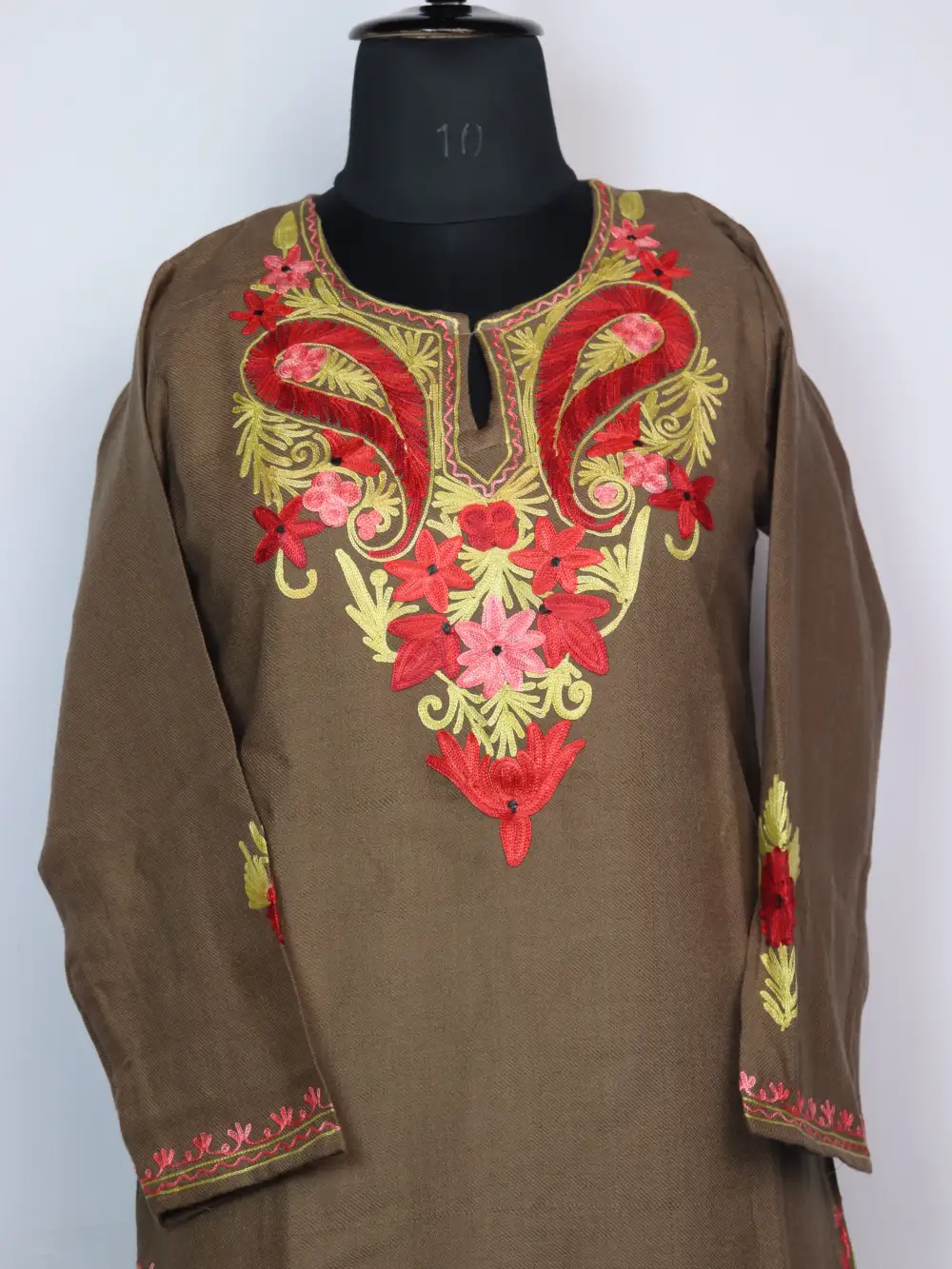 Brown Long Kurti Set in Cashmilon Wool with Aari Work Minha - Image 2