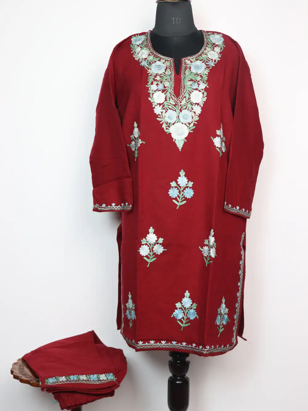 Woolen Maroon Long Kurti Set with Booti Aari Work in Cashmilon Wool Halima