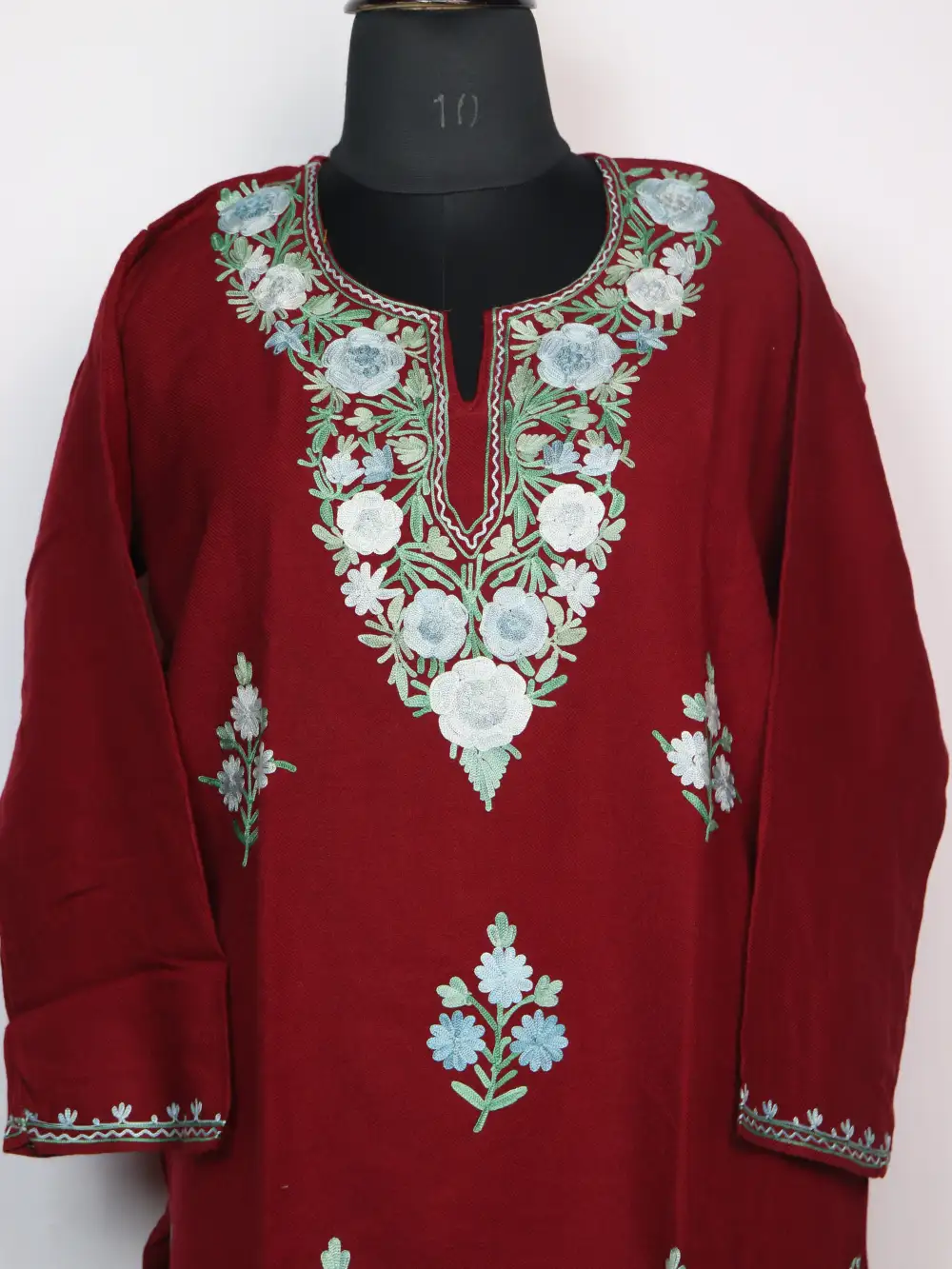 Woolen Maroon Long Kurti Set with Booti Aari Work in Cashmilon Wool Halima - Image 2
