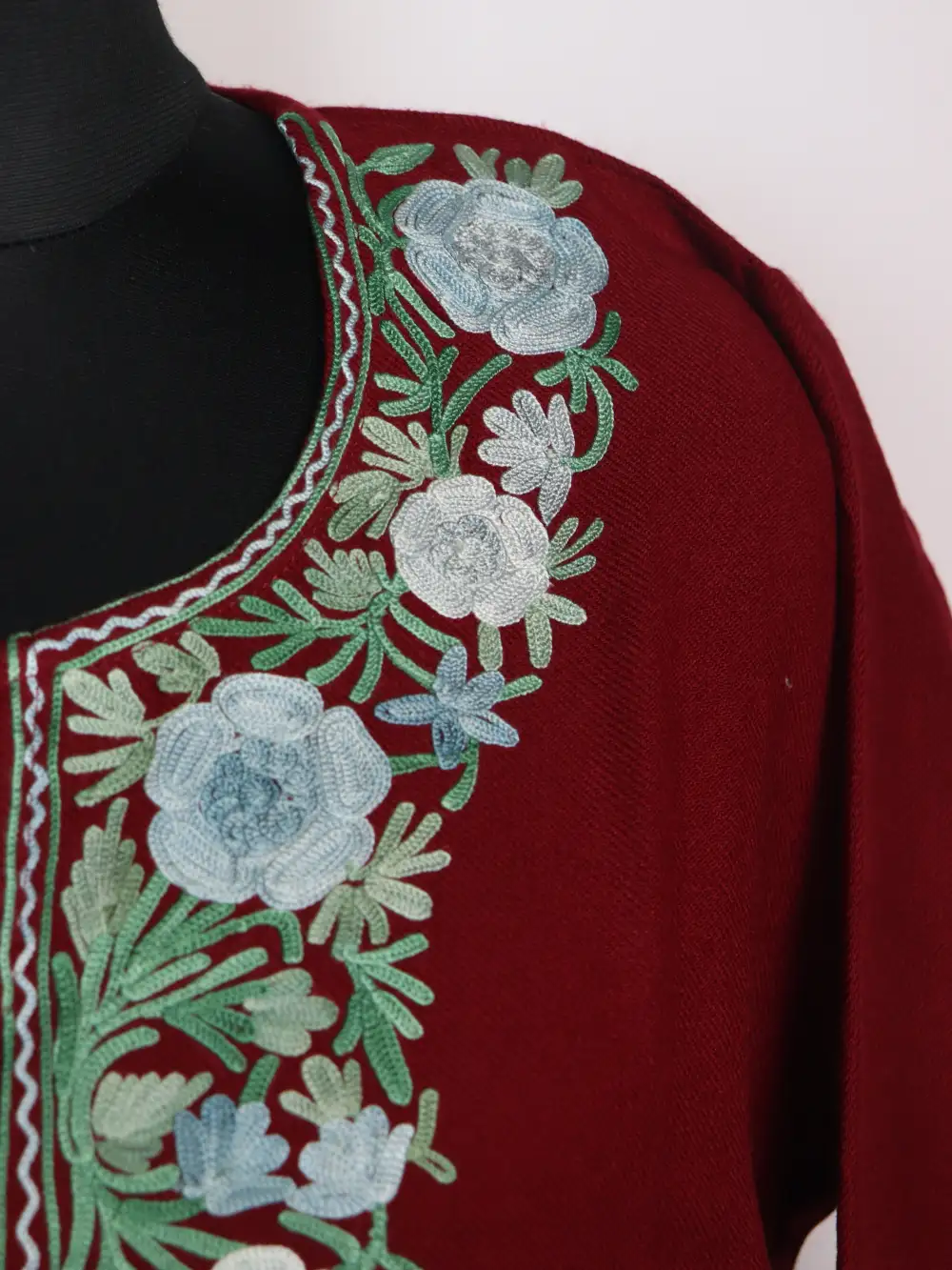 Woolen Maroon Long Kurti Set with Booti Aari Work in Cashmilon Wool Halima - Image 3