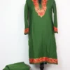 Dark Green Long Kurti Set Hina in Cashmilon Wool with Aari Embroidery