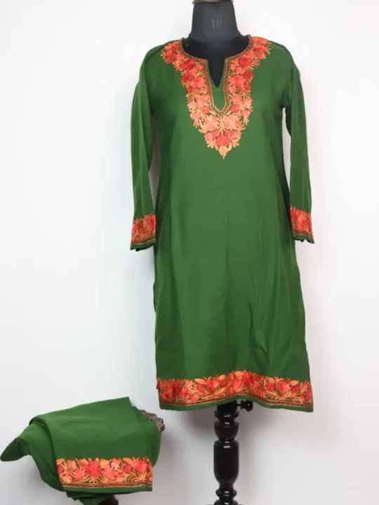 Dark Green Long Kurti Set Hina in Cashmilon Wool with Aari Embroidery