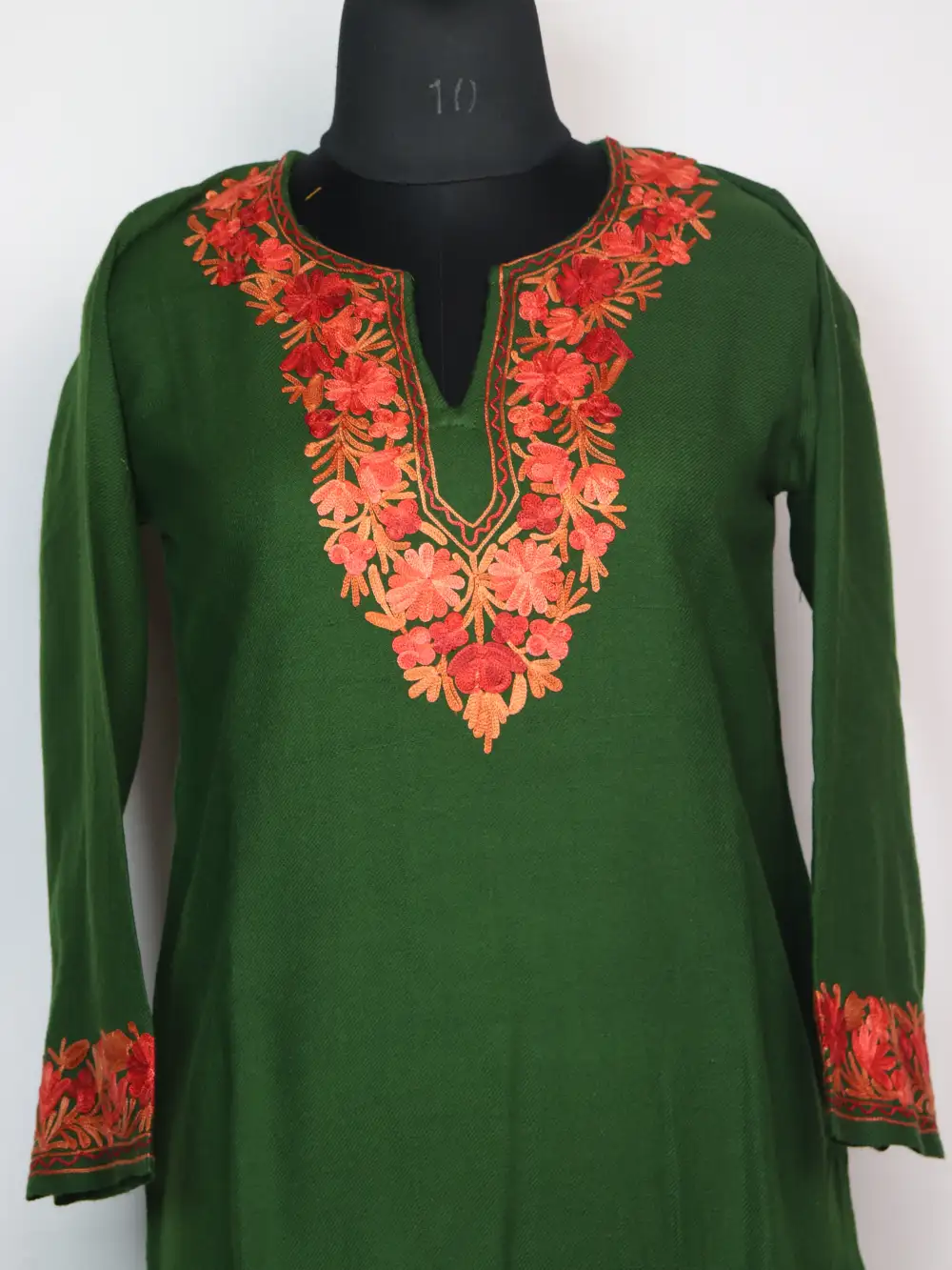Dark Green Long Kurti Set Hina in Cashmilon Wool with Aari Embroidery - Image 2