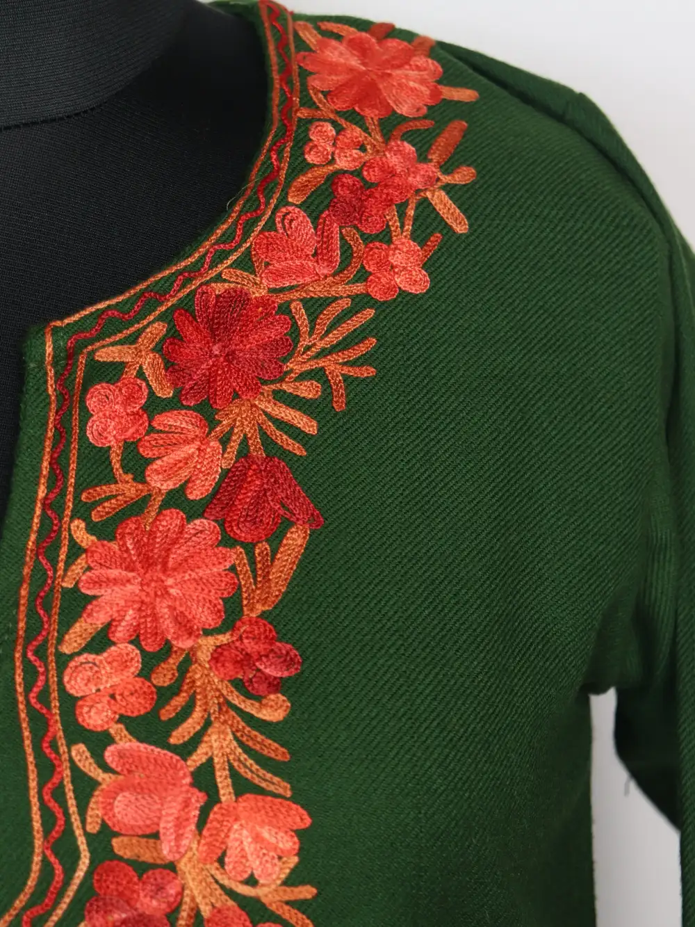 Dark Green Long Kurti Set Hina in Cashmilon Wool with Aari Embroidery - Image 3