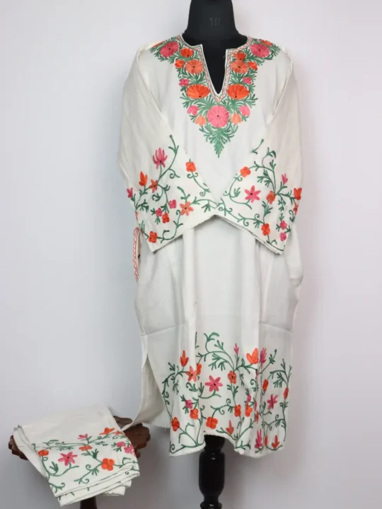 White 2pc Pheran Set in Cashmilon Wool with Aari Work Nimrah