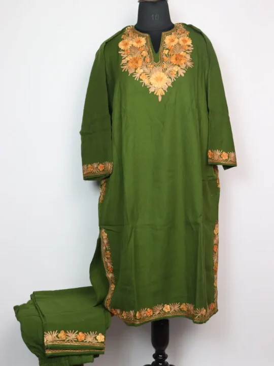 Mehandi Green 2pc Pheran Set Laila in Cashmilon Wool with Aari Embroidery