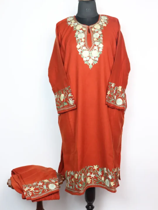 Rustic Orange Cashmilon Wool 2pc Pheran Set with Aari Embroidery Razia