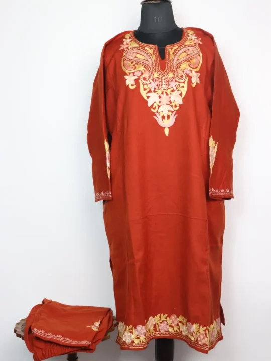Rustic Orange Pheran 2pc Set with Aari Embroidery in Cashmilon Wool Karima