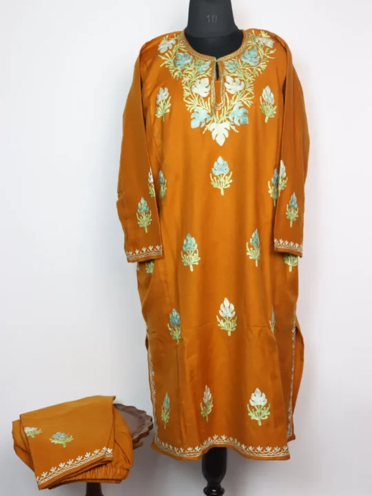 Mustard Woolen 2pc Pheran Nawal Set in Cashmilon with Aari Work