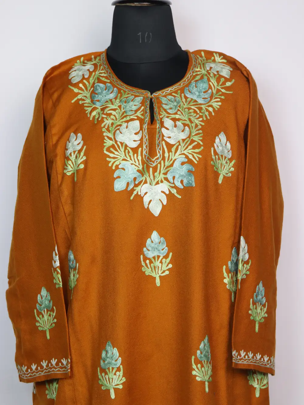 Mustard Woolen 2pc Pheran Nawal Set in Cashmilon with Aari Work - Image 2