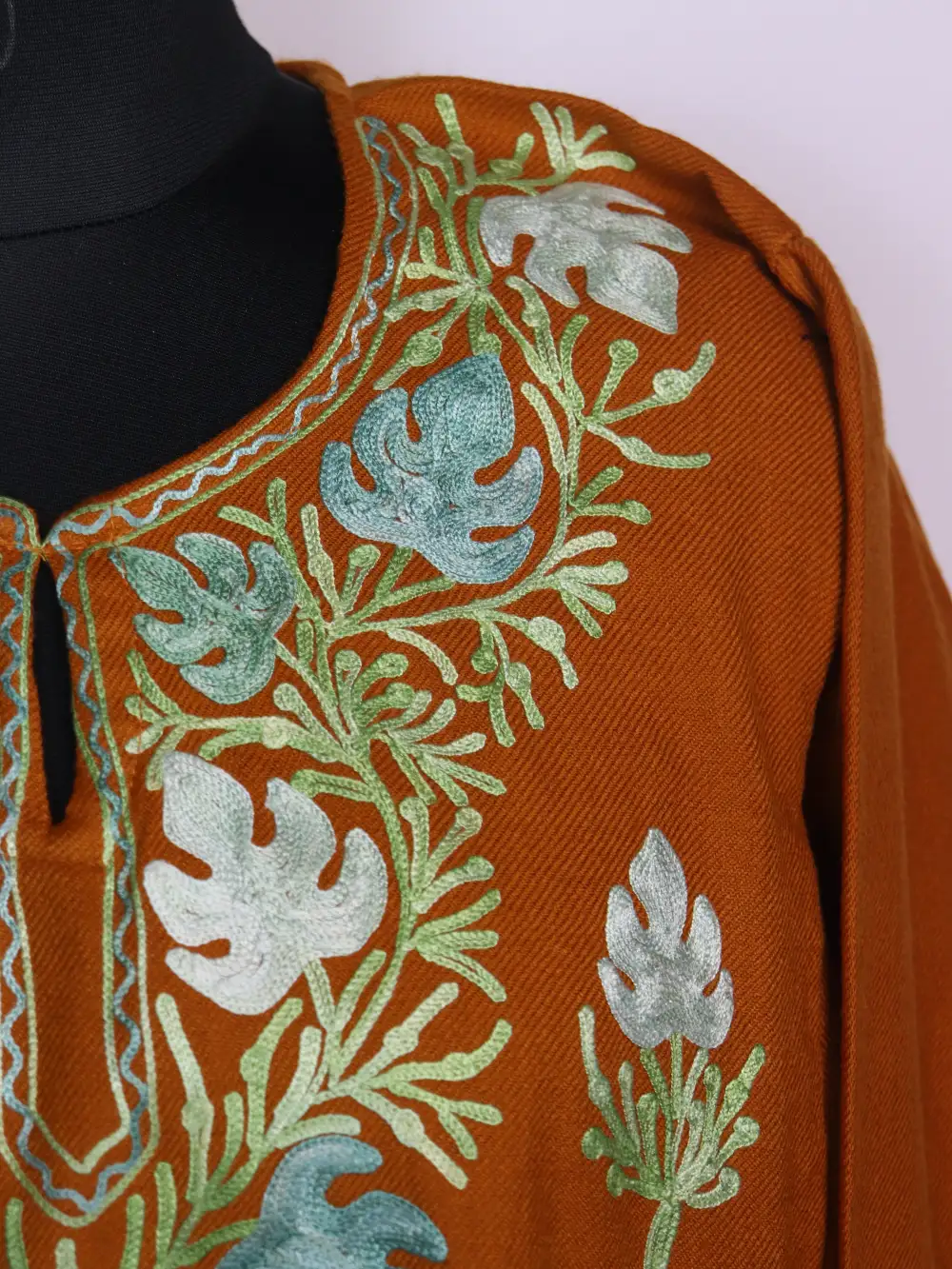 Mustard Woolen 2pc Pheran Nawal Set in Cashmilon with Aari Work - Image 3