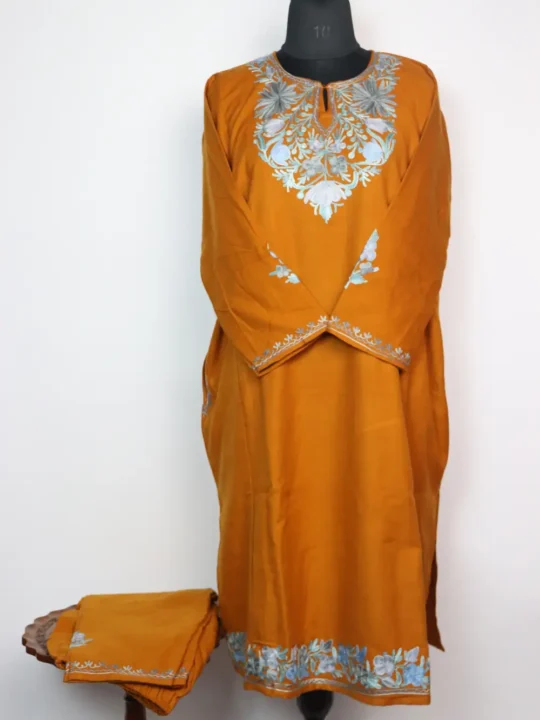 Liana 2pc Mustard Loose Pheran Set in Cashmilon with Aari Embroidery