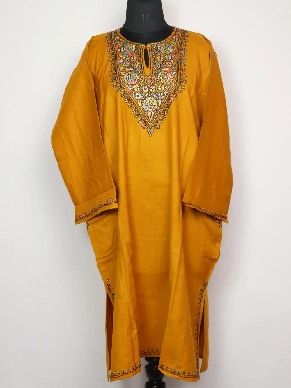 Woolen Mustard Pheran Safiya with Hand Sozni Embroidery in Raffal Safa