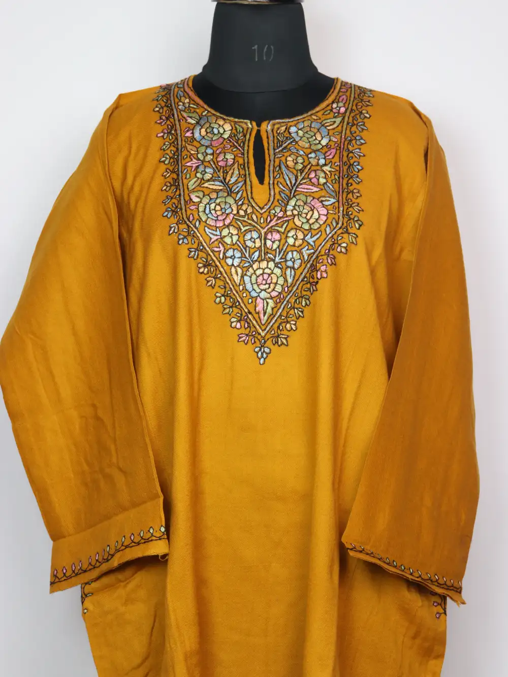 Woolen Mustard Pheran Safiya with Hand Sozni Embroidery in Raffal Safa - Image 2