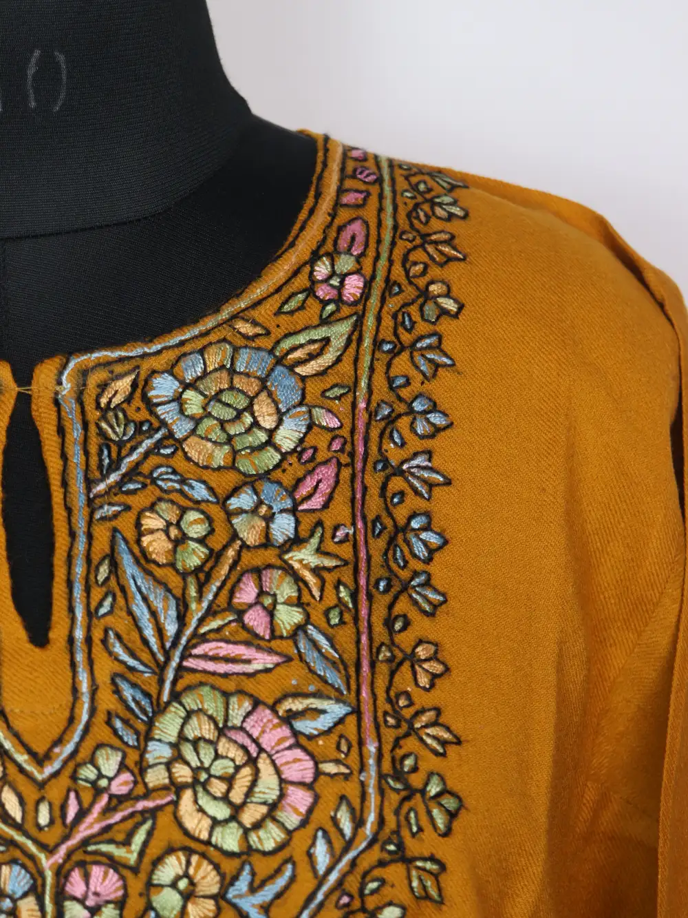 Woolen Mustard Pheran Safiya with Hand Sozni Embroidery in Raffal Safa - Image 3
