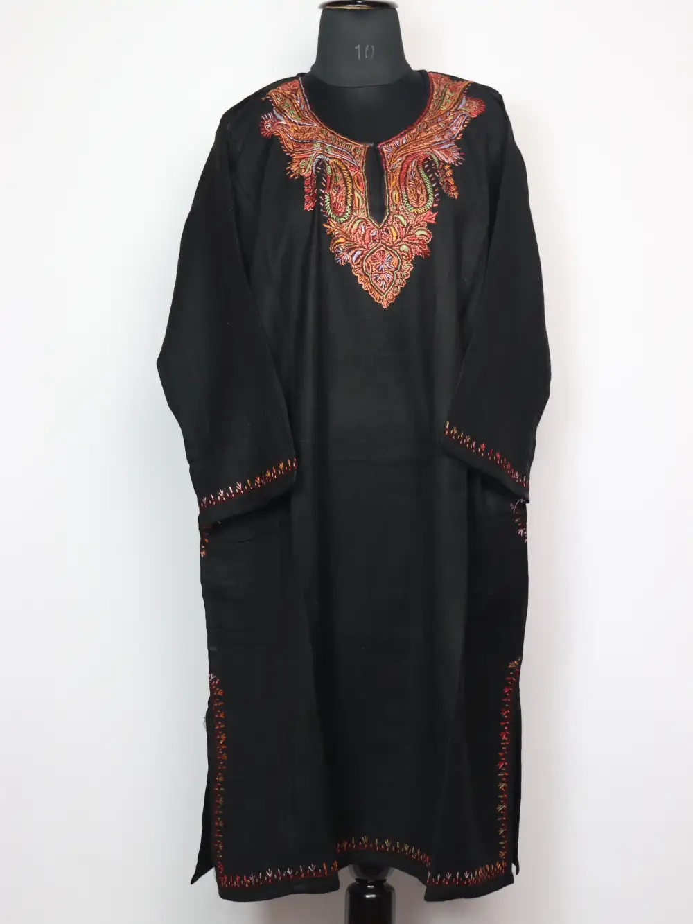 Black Loose Pheran Raffal Wool Esha with Hand Sozni Embroidery