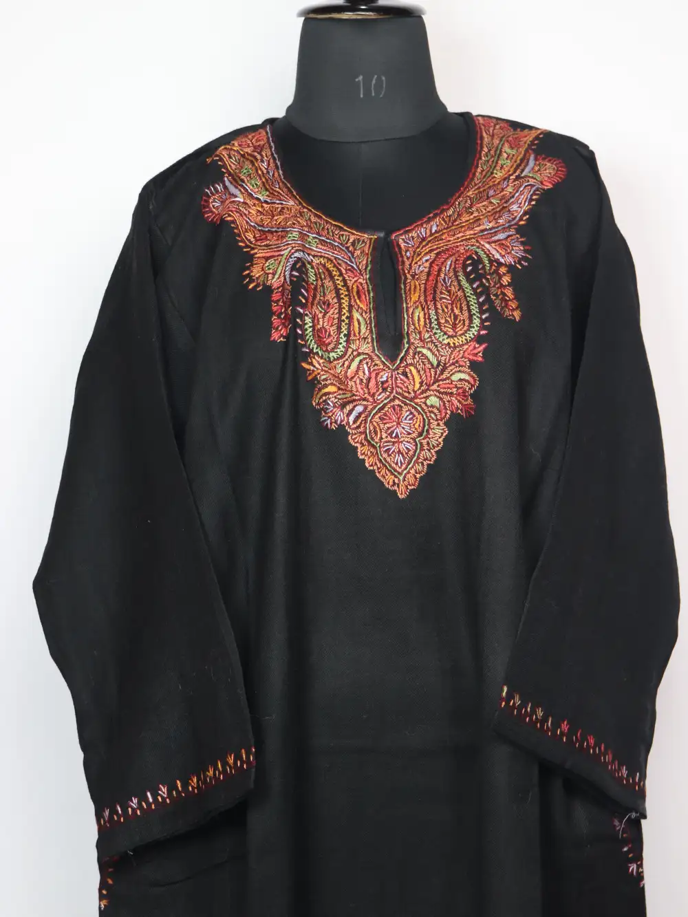 Black Loose Pheran Raffal Wool Esha with Hand Sozni Embroidery - Image 2