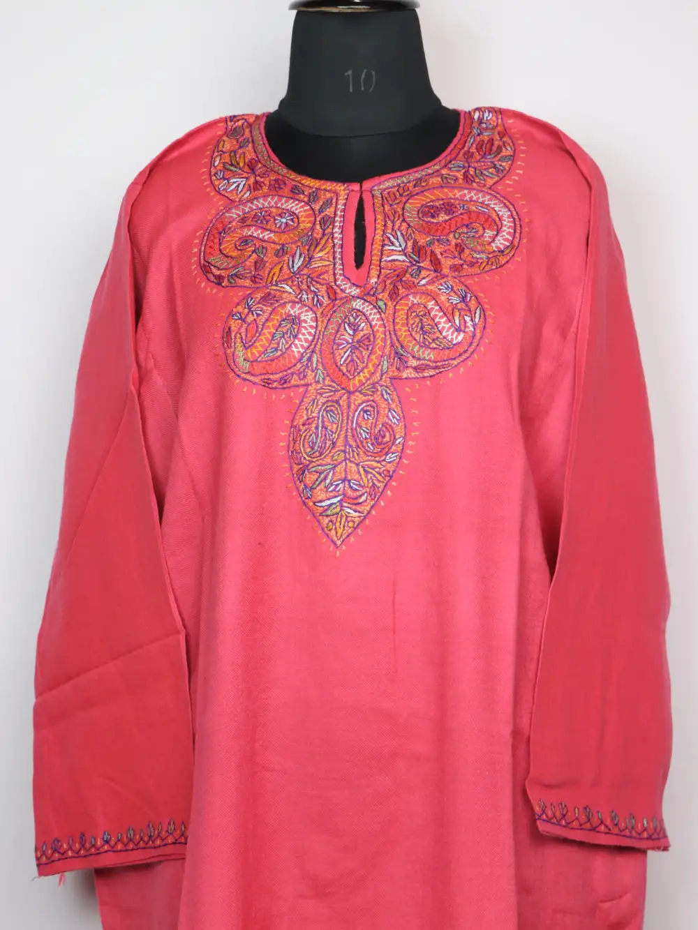 Nazneen Pink Loose Pheran with Hand Sozni Work in Raffal Wool - Image 2