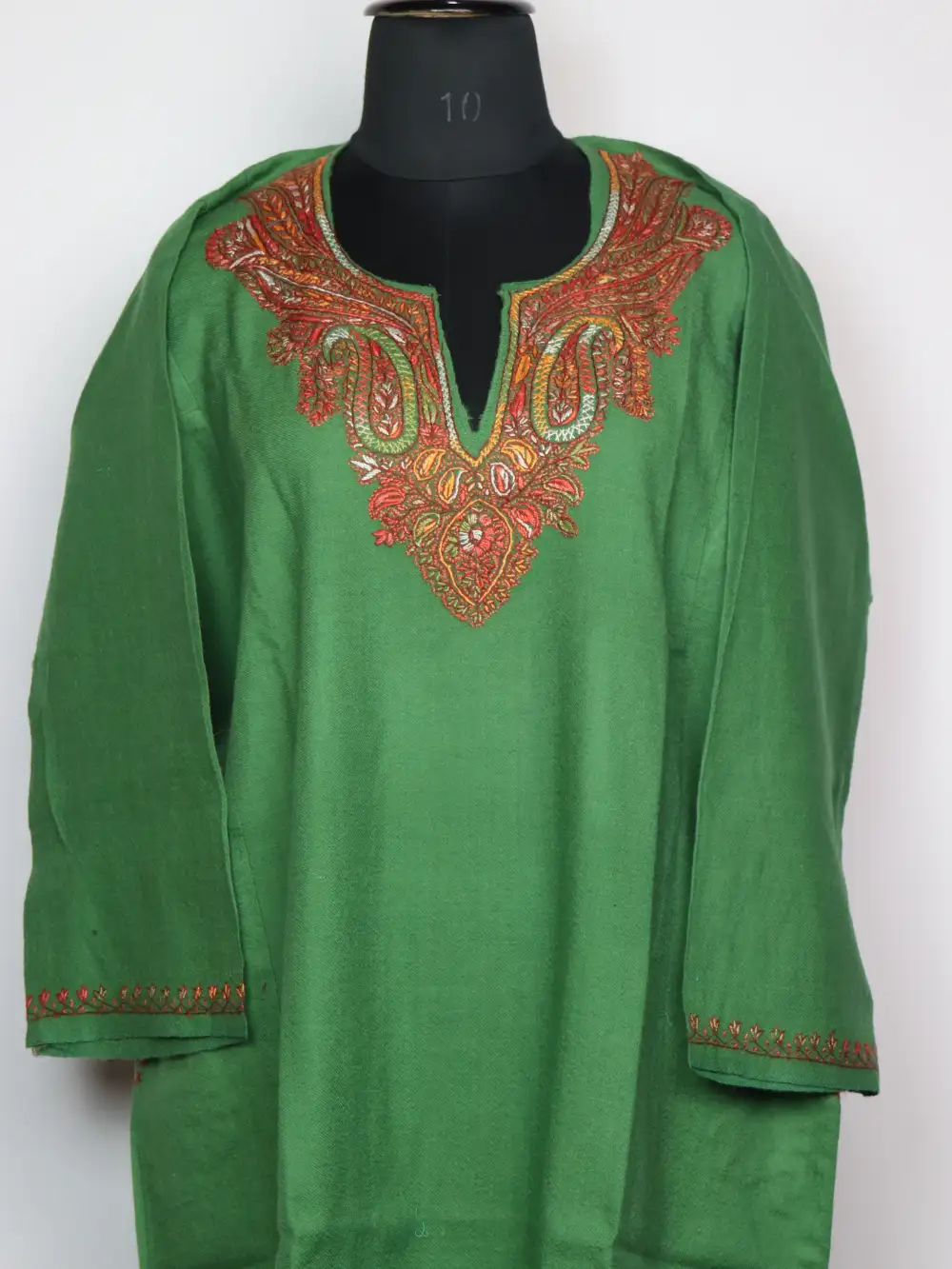 Embroidered Forest Green Pheran with Hand Sozni in Raffal Wool Zeenat - Image 2