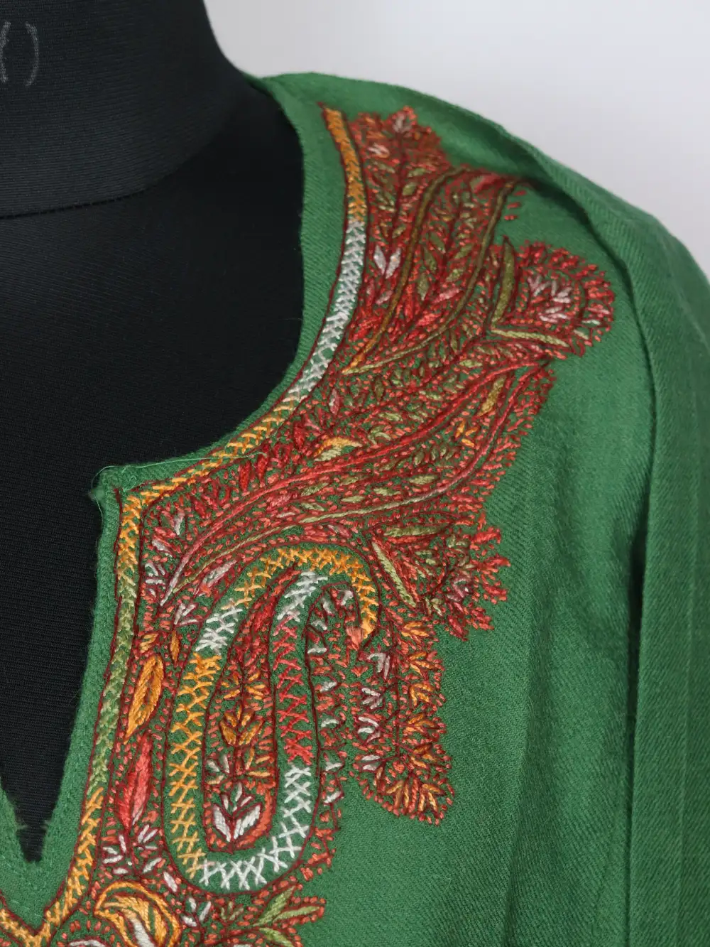 Embroidered Forest Green Pheran with Hand Sozni in Raffal Wool Zeenat - Image 3