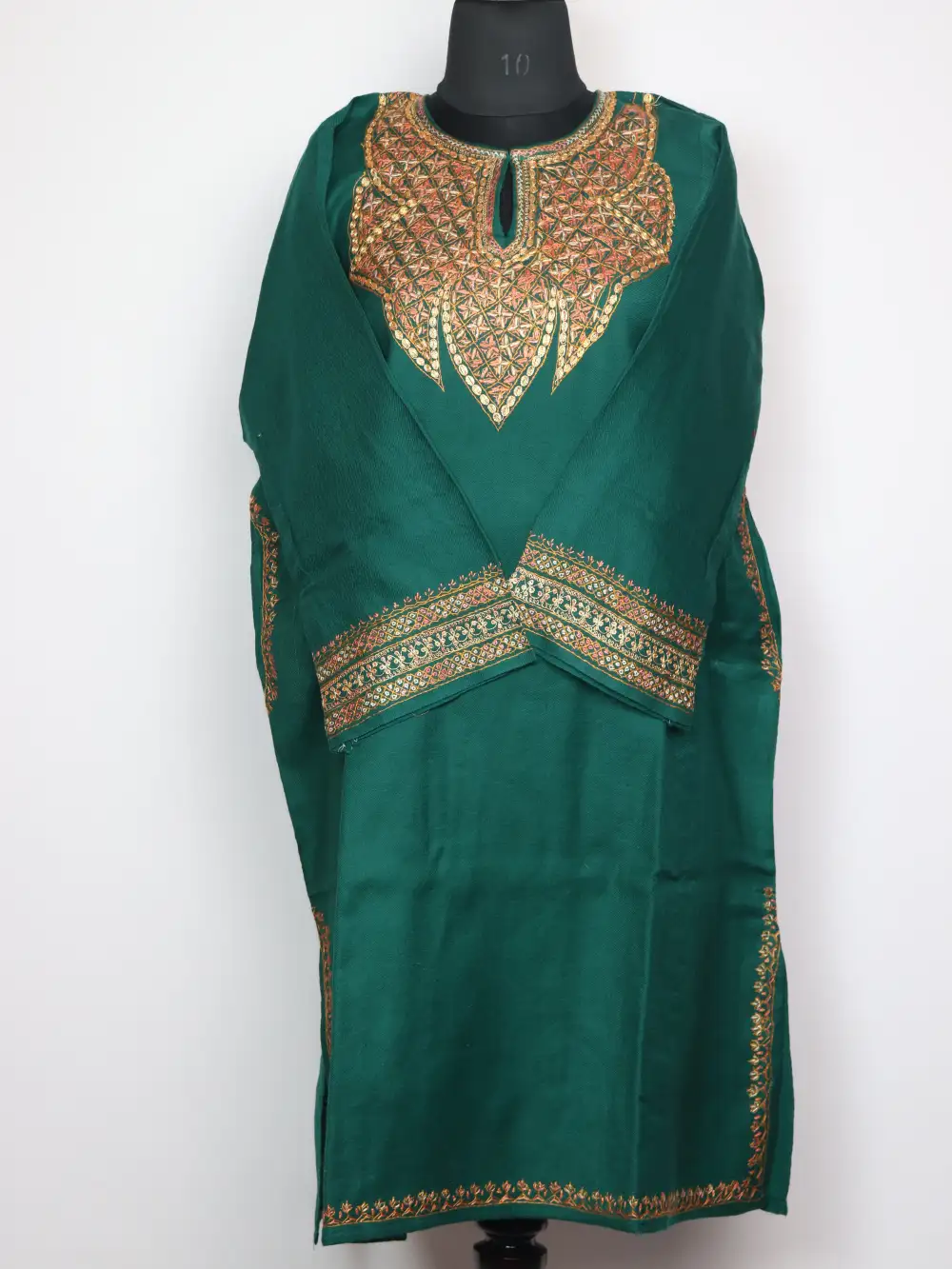Raffal Wool Dark Green Pheran Maviya with Hand Sozni Tilla Work