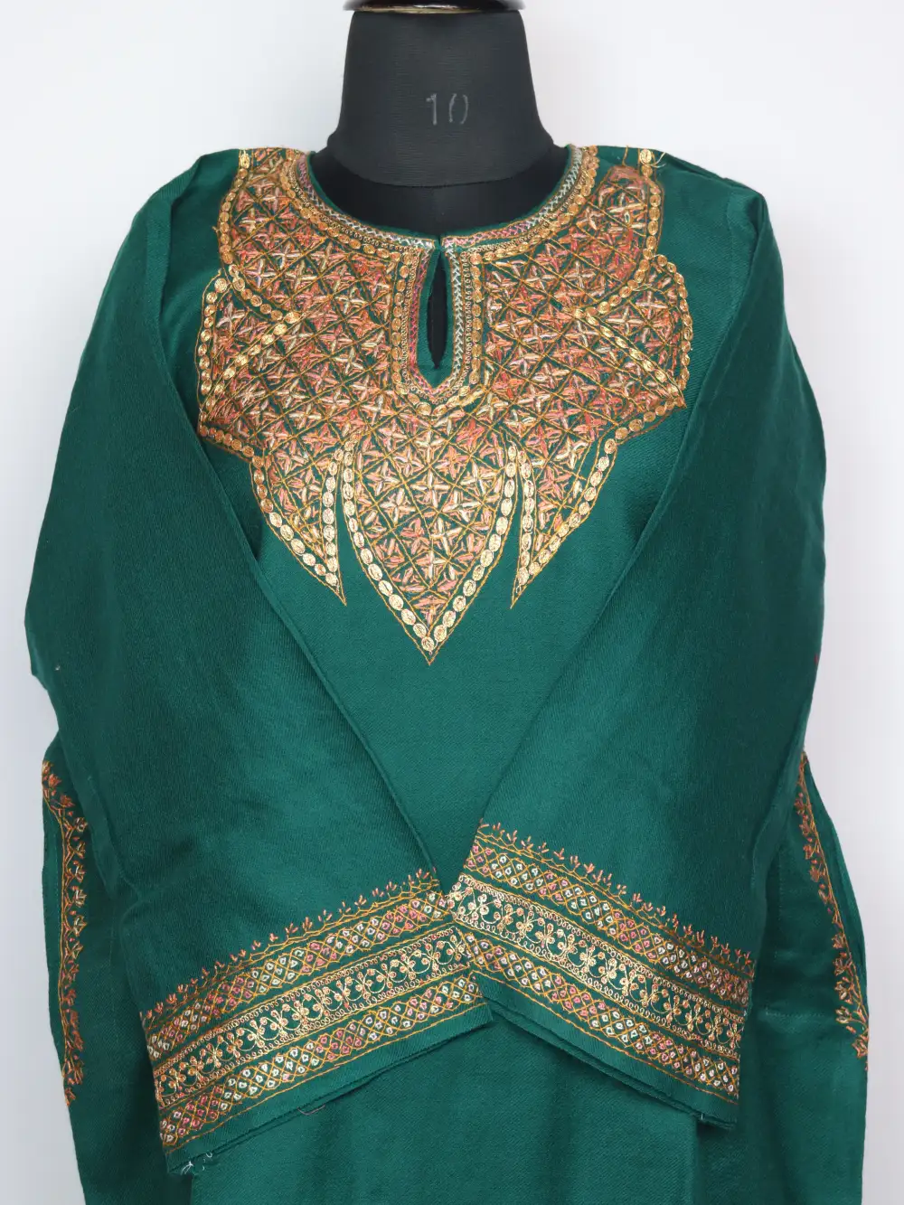 Raffal Wool Dark Green Pheran Maviya with Hand Sozni Tilla Work - Image 2