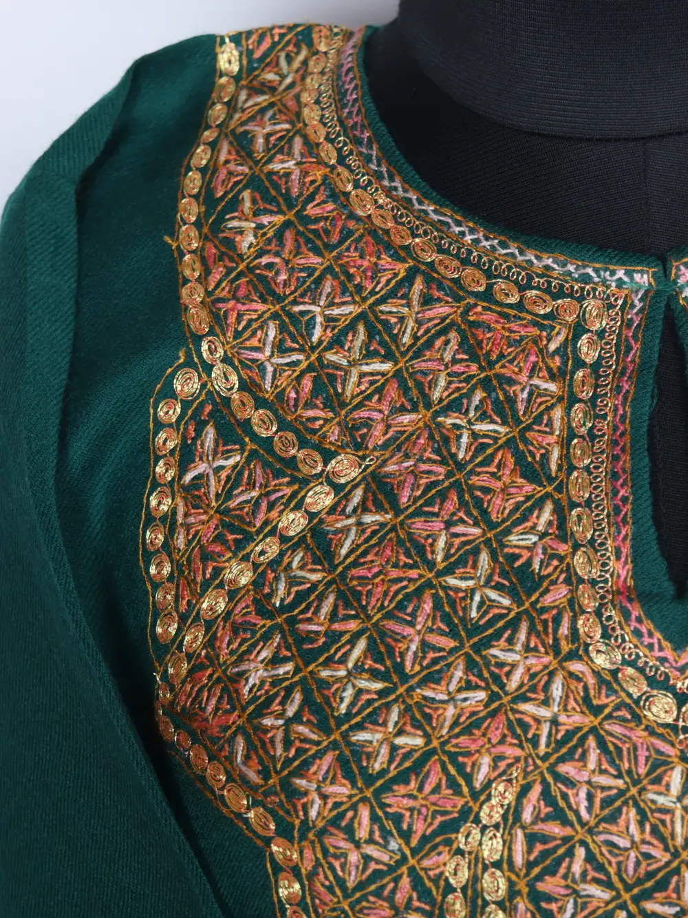 Raffal Wool Dark Green Pheran Maviya with Hand Sozni Tilla Work - Image 3