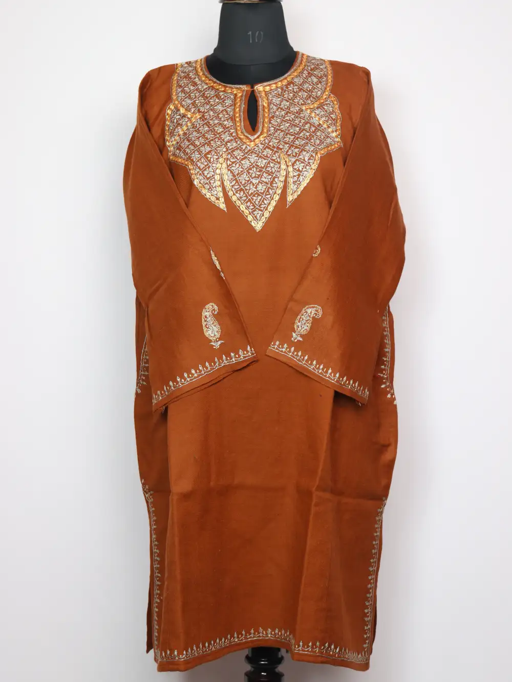 Rustic Brown Raffal Wool Pheran with Hand Sozni Tilla Work Sana