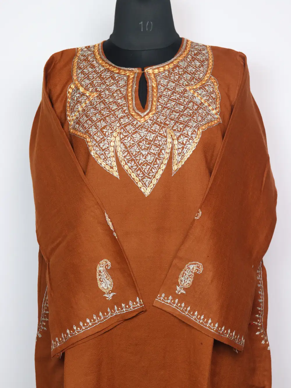 Rustic Brown Raffal Wool Pheran with Hand Sozni Tilla Work Sana - Image 2