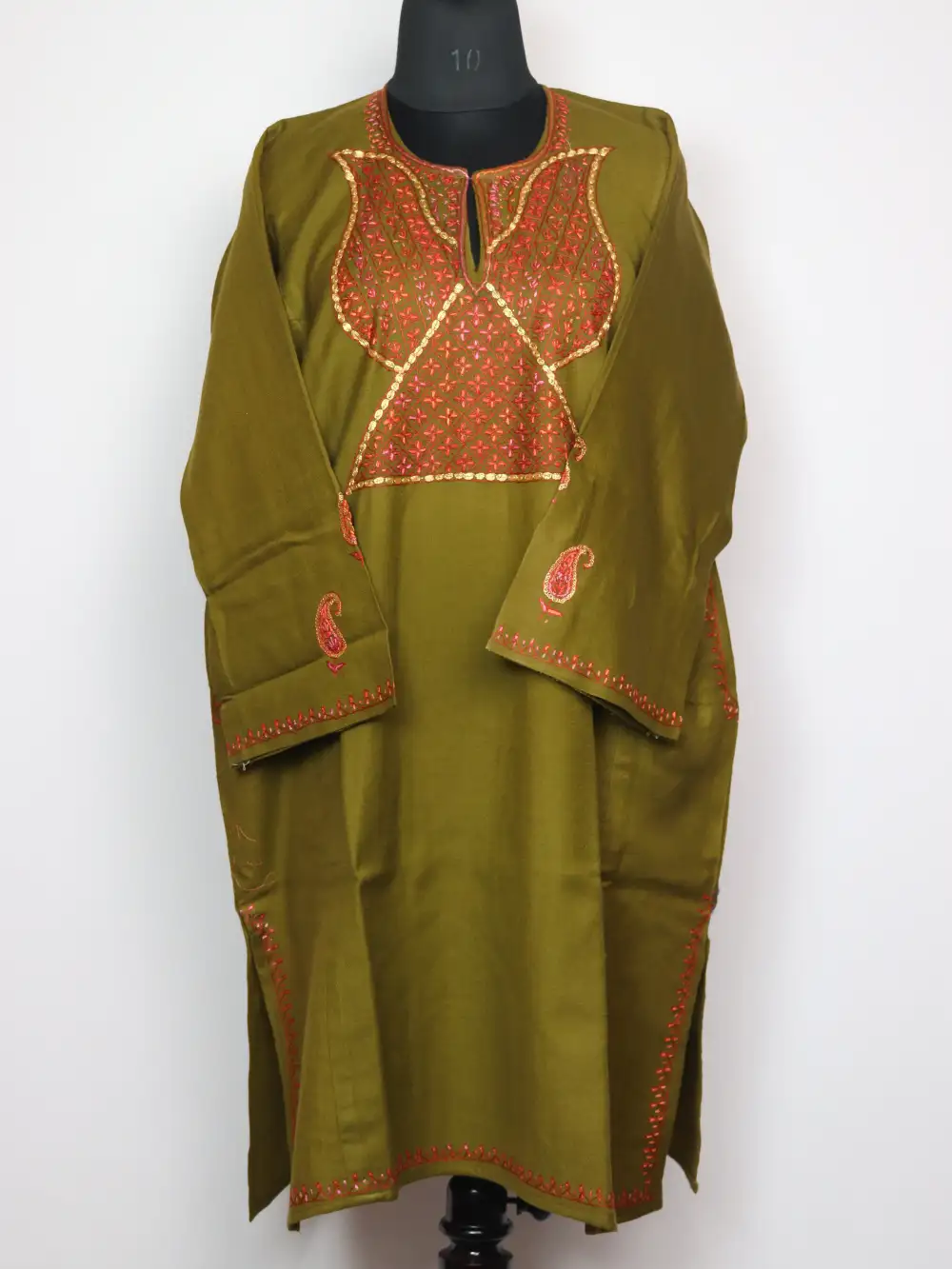 Haniya Raffal Wool Pheran Mehandi Green with Hand Sozni Tilla Embroidery
