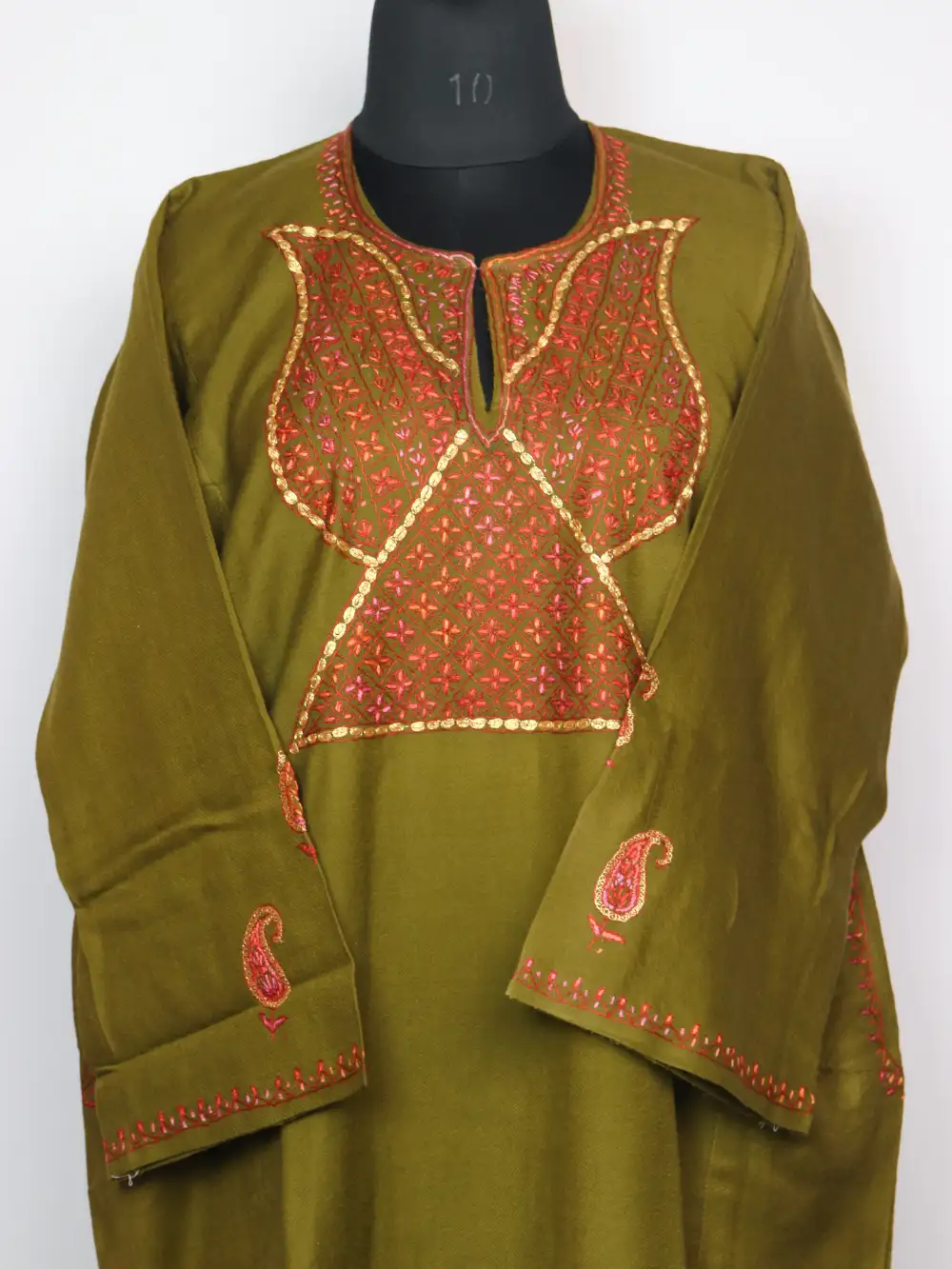 Haniya Raffal Wool Pheran Mehandi Green with Hand Sozni Tilla Embroidery - Image 2