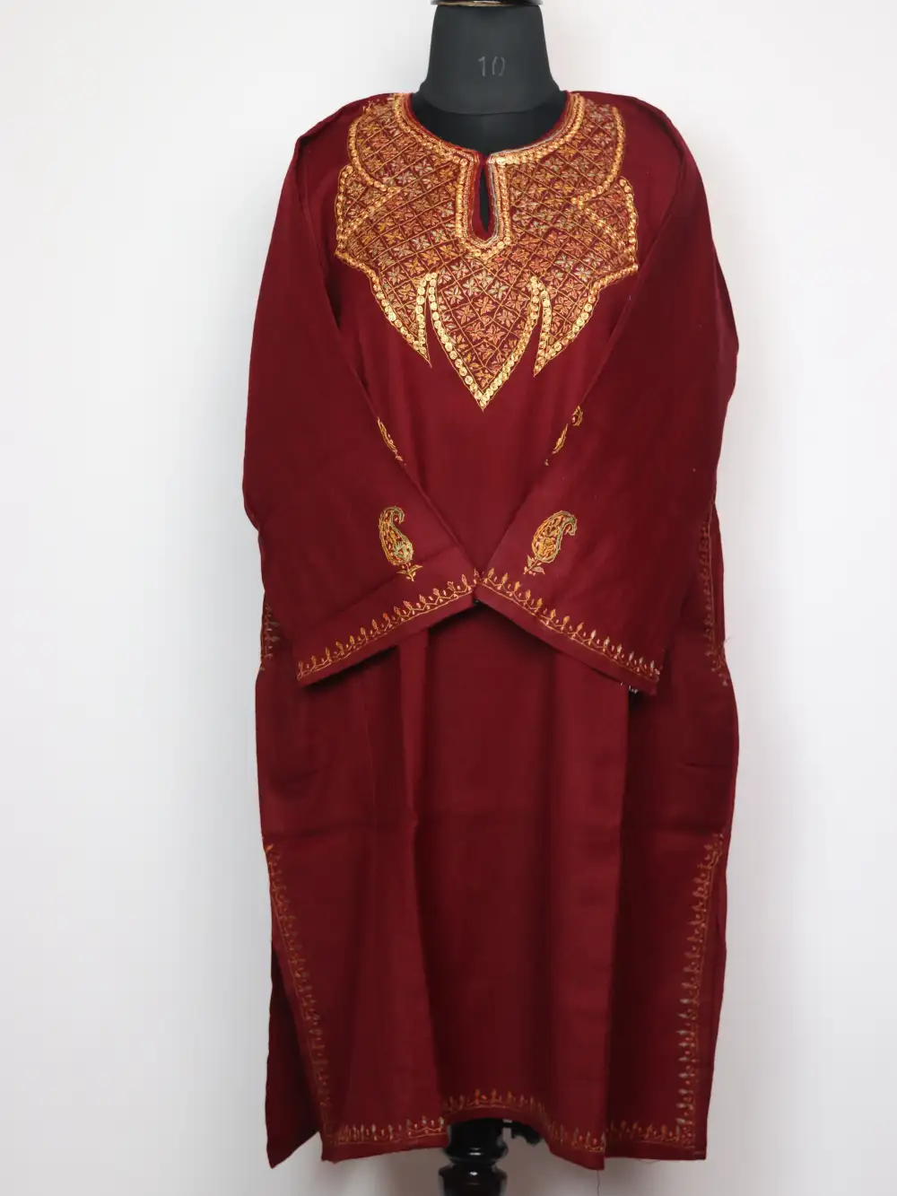 Embroidered Raffal Wool Pheran Maroon with Hand Sozni and Tilla Zysha