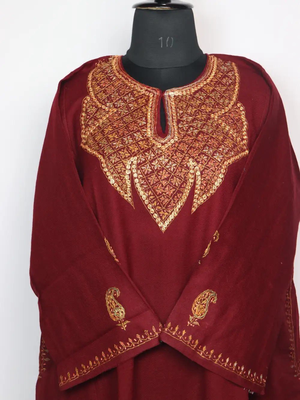 Embroidered Raffal Wool Pheran Maroon with Hand Sozni and Tilla Zysha - Image 2