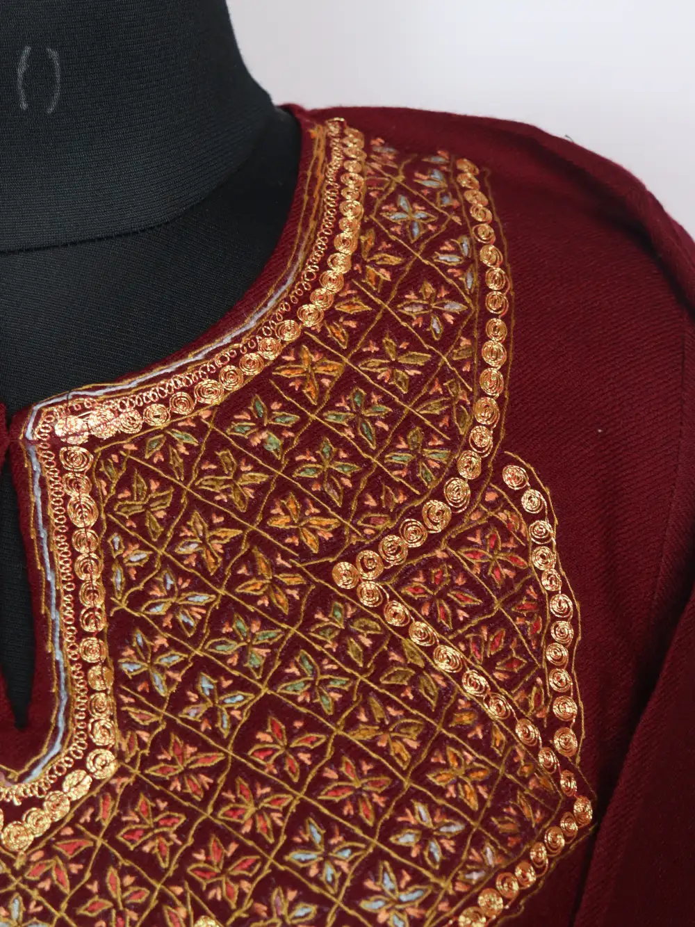 Embroidered Raffal Wool Pheran Maroon with Hand Sozni and Tilla Zysha - Image 3