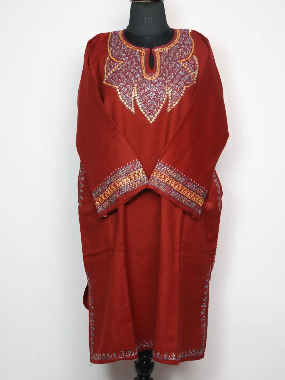 Maroon Raffal Wool Pheran with Hand Sozni and Tilla Work Laiba