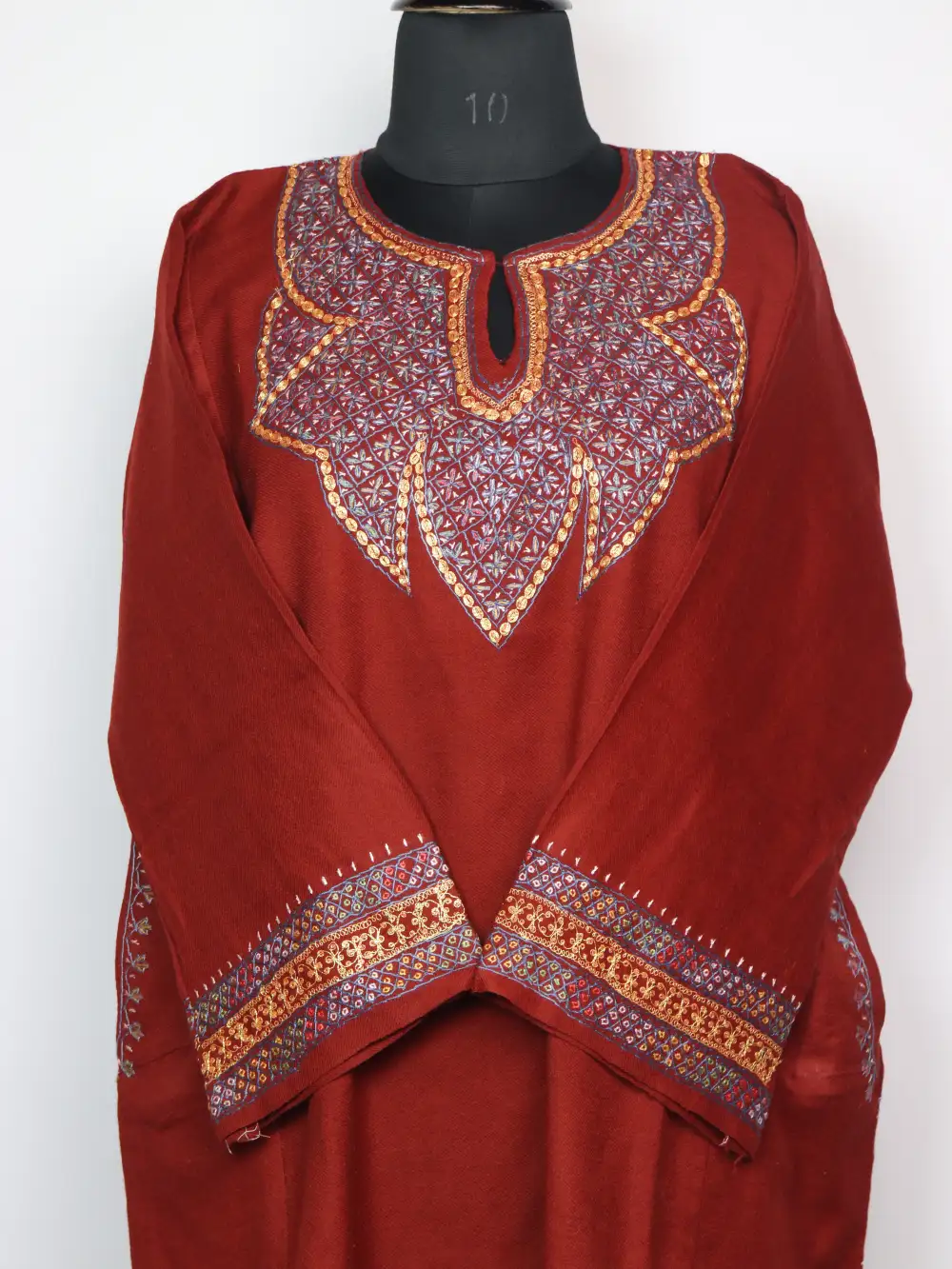 Maroon Raffal Wool Pheran with Hand Sozni and Tilla Work Laiba - Image 2