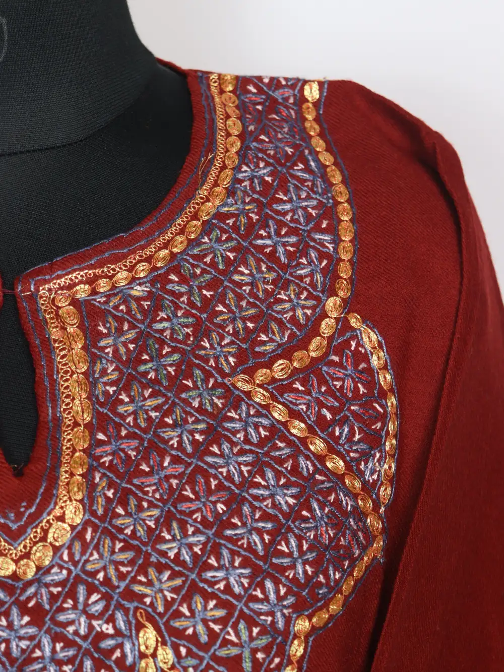 Maroon Raffal Wool Pheran with Hand Sozni and Tilla Work Laiba - Image 3