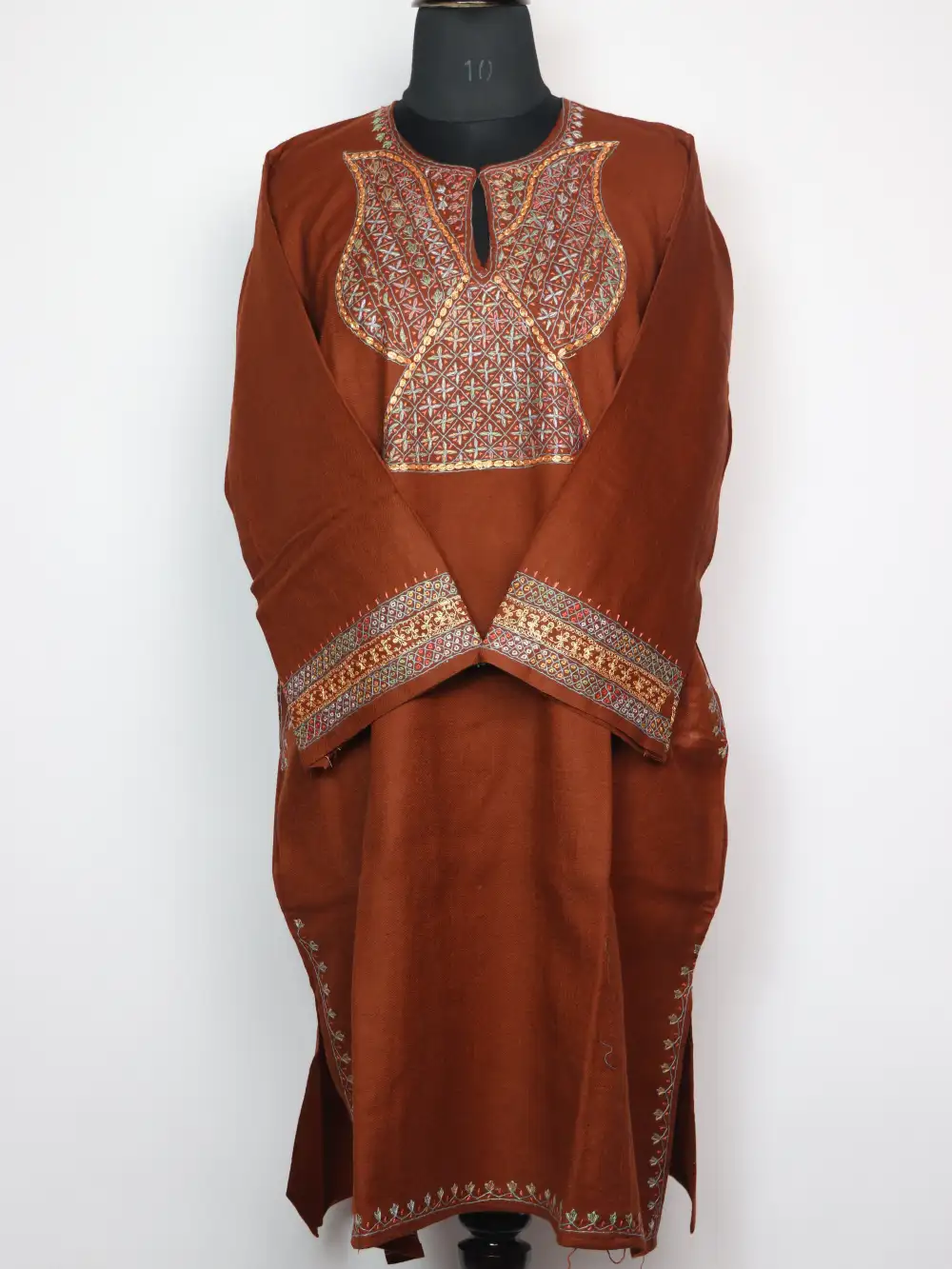 Nazakat Raffal Wool Pheran Brown with Hand Sozni and Tilla Embroidery