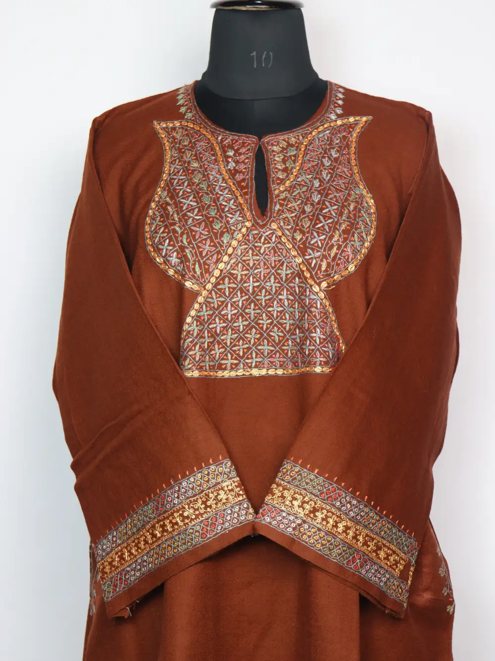 Nazakat Raffal Wool Pheran Brown with Hand Sozni and Tilla Embroidery - Image 2