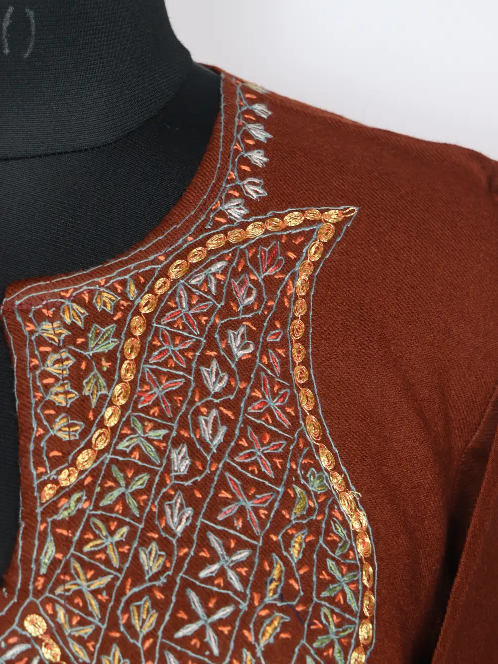 Nazakat Raffal Wool Pheran Brown with Hand Sozni and Tilla Embroidery - Image 3
