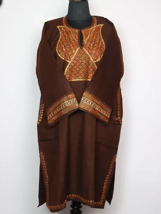 Dark Brown Raffal Wool Pheran with Hand Sozni and Tilla Work Mahnoor