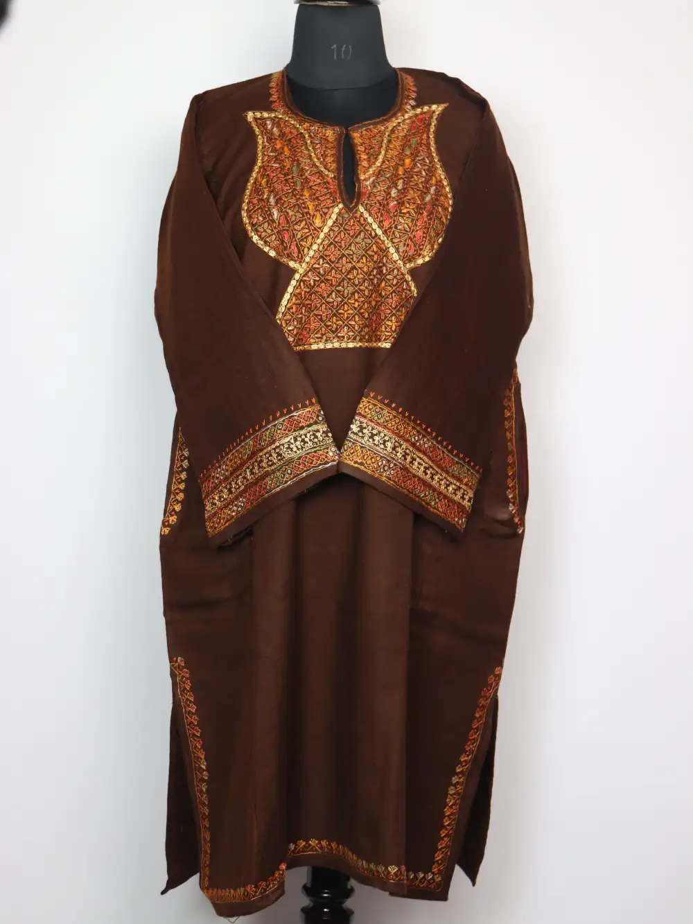 Dark Brown Raffal Wool Pheran with Hand Sozni and Tilla Work Mahnoor